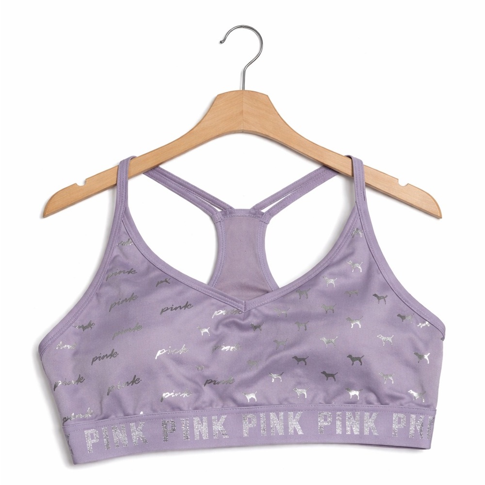 PINK Victoria’s Secret Lavender Sports Bra Medium Silver Logo Glitter Y2K